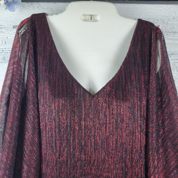 Onyx Nite Red Shimmer Kimono Cold Shoulder Rhinestone Sleeve Top Size Large NWT - Picture 2 of 9